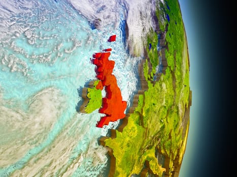 Model of United Kingdom from Earth's orbit in space. 3D illustration with highly detailed realistic planet surface and clouds in the atmosphere. Elements of this image furnished by NASA.