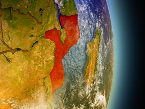 Model of Mozambique from Earth's orbit in space. 3D illustration with highly detailed realistic planet surface and clouds in the atmosphere. Elements of this image furnished by NASA.