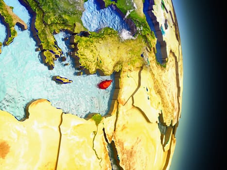 Model of Cyprus from Earth's orbit in space. 3D illustration with highly detailed realistic planet surface and clouds in the atmosphere. Elements of this image furnished by NASA.