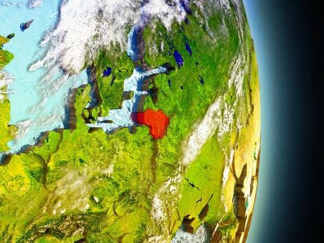 Model of Lithuania from Earth's orbit in space. 3D illustration with highly detailed realistic planet surface and clouds in the atmosphere. Elements of this image furnished by NASA.