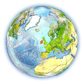 Ireland highlighted in red on planet Earth. 3D illustration isolated on white background. Elements of this image furnished by NASA.