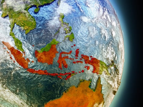 Model of Indonesia from Earth's orbit in space. 3D illustration with highly detailed realistic planet surface and clouds in the atmosphere. Elements of this image furnished by NASA.