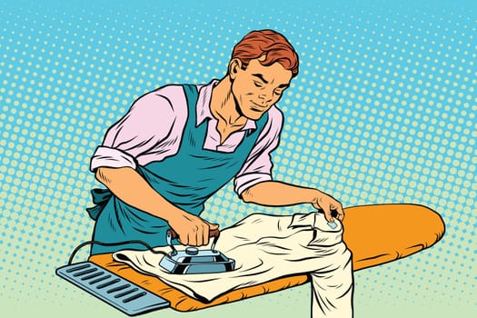 Vintage employee ironed clothes. pop art retro vector illustration. Homework and service in the hotel