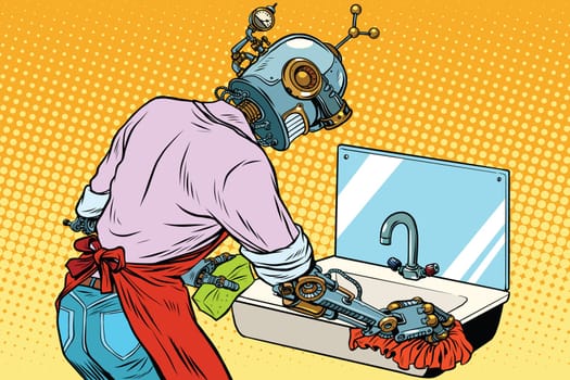 Home cleaning washing kitchen sinks, robot works. Vintage pop art retro vector illustration