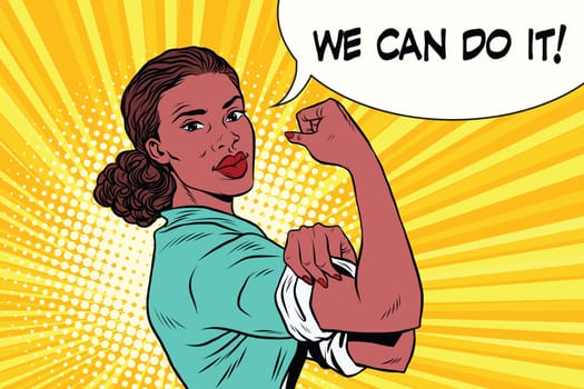 we can do it black woman feminism and protest. Vintage pop art retro vector illustration. Human rights, political activism