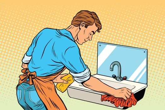 Home cleaning washing kitchen sinks, man works. Vintage pop art retro vector illustration