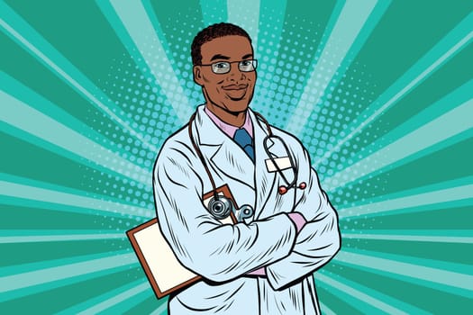 Doctor therapist confident smiles. Vintage pop art retro vector illustration. Medicine and health. Profession to treat people. African American