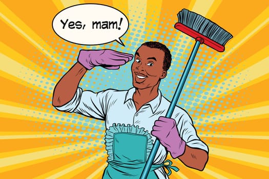yes mam Husband and cleaning the house. Vintage pop art retro vector illustration. Professional cleaning. African American people