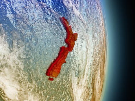 Model of New Zealand from Earth's orbit in space. 3D illustration with highly detailed realistic planet surface and clouds in the atmosphere. Elements of this image furnished by NASA.