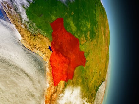 Model of Bolivia from Earth's orbit in space. 3D illustration with highly detailed realistic planet surface and clouds in the atmosphere. Elements of this image furnished by NASA.