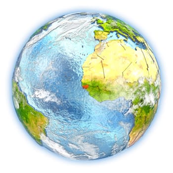 Guinea-Bissau highlighted in red on planet Earth. 3D illustration isolated on white background. Elements of this image furnished by NASA.