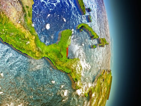 Model of Belize from Earth's orbit in space. 3D illustration with highly detailed realistic planet surface and clouds in the atmosphere. Elements of this image furnished by NASA.