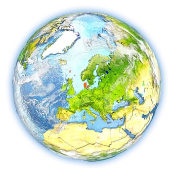 Denmark highlighted in red on planet Earth. 3D illustration isolated on white background. Elements of this image furnished by NASA.