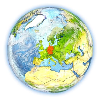 Germany highlighted in red on planet Earth. 3D illustration isolated on white background. Elements of this image furnished by NASA.