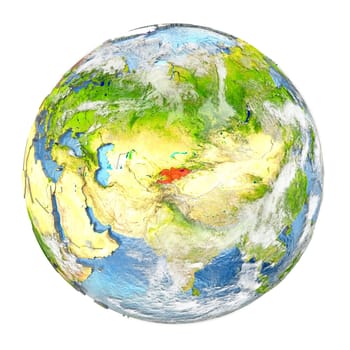 Kyrgyzstan highlighted in red on planet Earth. 3D illustration isolated on white background. Elements of this image furnished by NASA.