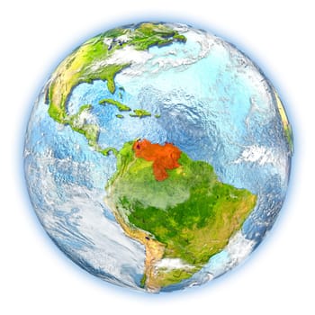 Venezuela highlighted in red on planet Earth. 3D illustration isolated on white background. Elements of this image furnished by NASA.