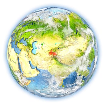 Tajikistan highlighted in red on planet Earth. 3D illustration isolated on white background. Elements of this image furnished by NASA.