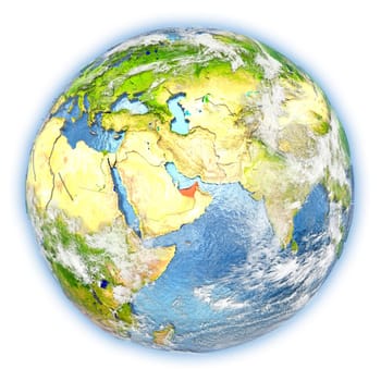 United Arab Emirates highlighted in red on planet Earth. 3D illustration isolated on white background. Elements of this image furnished by NASA.