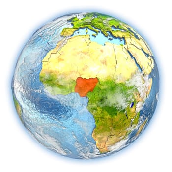 Nigeria highlighted in red on planet Earth. 3D illustration isolated on white background. Elements of this image furnished by NASA.