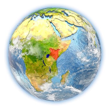 Kenya highlighted in red on planet Earth. 3D illustration isolated on white background. Elements of this image furnished by NASA.