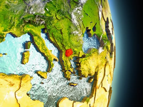 Model of Macedonia from Earth's orbit in space. 3D illustration with highly detailed realistic planet surface and clouds in the atmosphere. Elements of this image furnished by NASA.