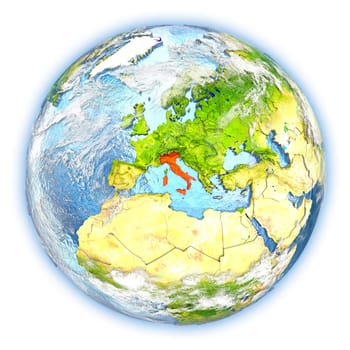 Italy highlighted in red on planet Earth. 3D illustration isolated on white background. Elements of this image furnished by NASA.