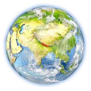Nepal highlighted in red on planet Earth. 3D illustration isolated on white background. Elements of this image furnished by NASA.