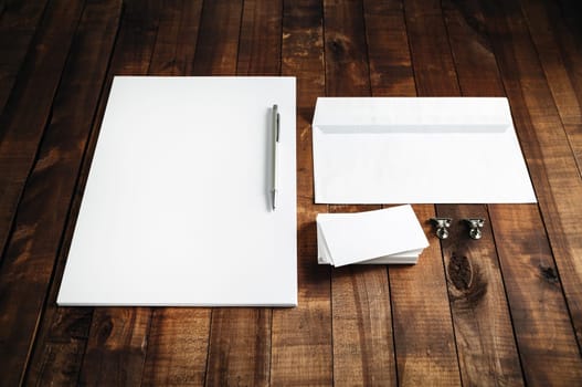 Blank stationery set on wooden table background. ID template. Mock up for branding identity for design presentations and portfolios.
