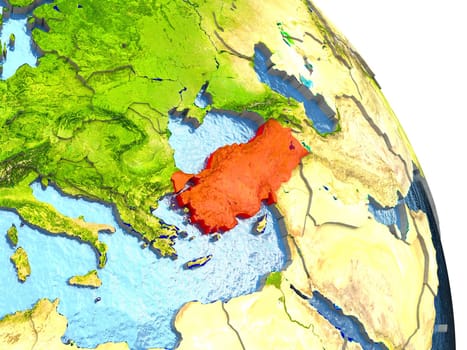 Turkey in red with surrounding region. 3D illustration with highly detailed realistic planet surface. Elements of this image furnished by NASA.