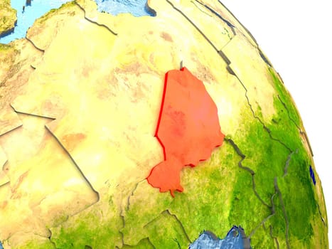 Niger in red with surrounding region. 3D illustration with highly detailed realistic planet surface. Elements of this image furnished by NASA.