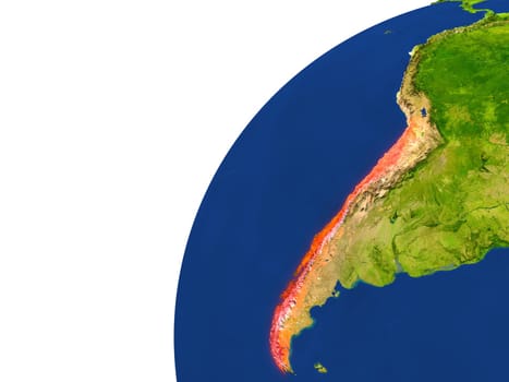 Chile highlighted in red as seen from Earth's orbit in space. 3D illustration with highly detailed realistic planet surface. Elements of this image furnished by NASA.