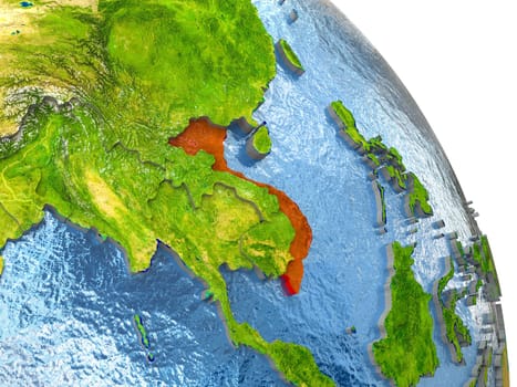 Vietnam in red with surrounding region. 3D illustration with highly detailed realistic planet surface. Elements of this image furnished by NASA.