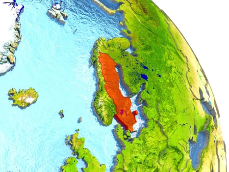 Sweden in red with surrounding region. 3D illustration with highly detailed realistic planet surface. Elements of this image furnished by NASA.