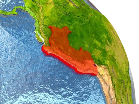 Peru in red with surrounding region. 3D illustration with highly detailed realistic planet surface. Elements of this image furnished by NASA.