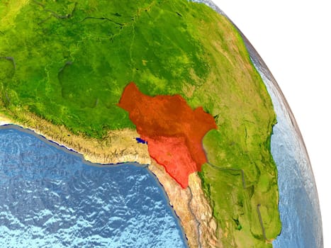 Bolivia in red with surrounding region. 3D illustration with highly detailed realistic planet surface. Elements of this image furnished by NASA.