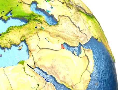 Kuwait in red with surrounding region. 3D illustration with highly detailed realistic planet surface. Elements of this image furnished by NASA.