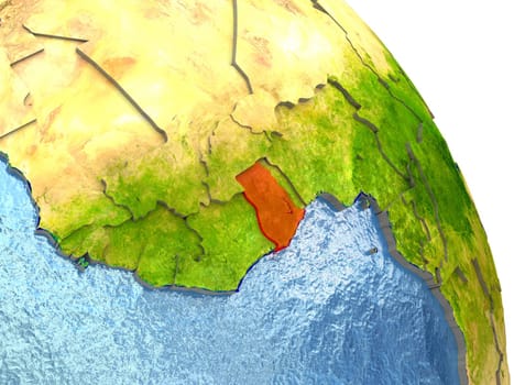 Ghana in red with surrounding region. 3D illustration with highly detailed realistic planet surface. Elements of this image furnished by NASA.