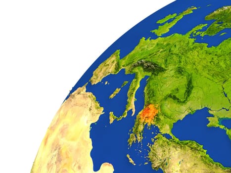 Macedonia highlighted in red as seen from Earth's orbit in space. 3D illustration with highly detailed realistic planet surface. Elements of this image furnished by NASA.