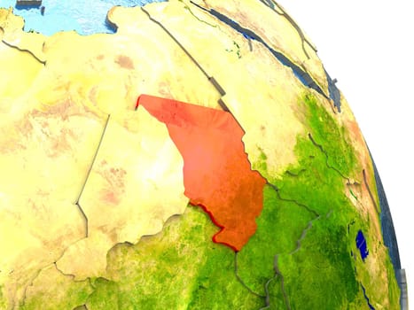 Chad in red with surrounding region. 3D illustration with highly detailed realistic planet surface. Elements of this image furnished by NASA.