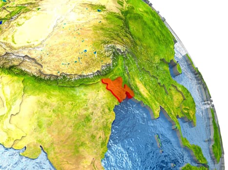 Bangladesh in red with surrounding region. 3D illustration with highly detailed realistic planet surface. Elements of this image furnished by NASA.