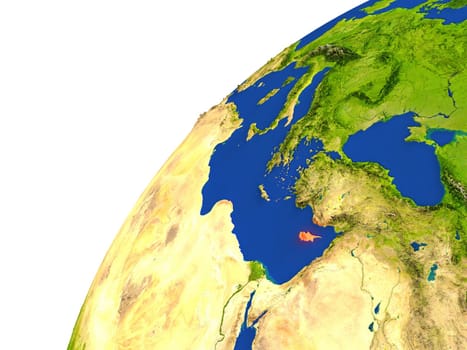 Cyprus highlighted in red as seen from Earth's orbit in space. 3D illustration with highly detailed realistic planet surface. Elements of this image furnished by NASA.