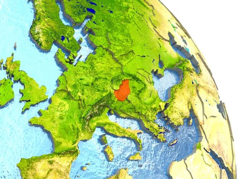 Hungary in red with surrounding region. 3D illustration with highly detailed realistic planet surface. Elements of this image furnished by NASA.