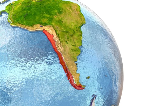 Chile in red with surrounding region. 3D illustration with highly detailed realistic planet surface. Elements of this image furnished by NASA.