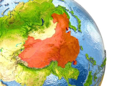 China in red with surrounding region. 3D illustration with highly detailed realistic planet surface. Elements of this image furnished by NASA.