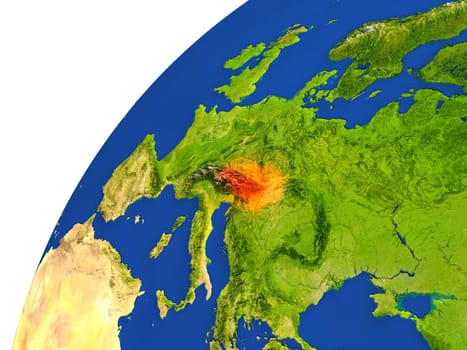 Austria highlighted in red as seen from Earth's orbit in space. 3D illustration with highly detailed realistic planet surface. Elements of this image furnished by NASA.