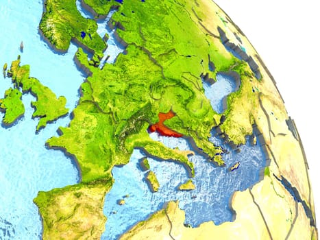 Croatia in red with surrounding region. 3D illustration with highly detailed realistic planet surface. Elements of this image furnished by NASA.