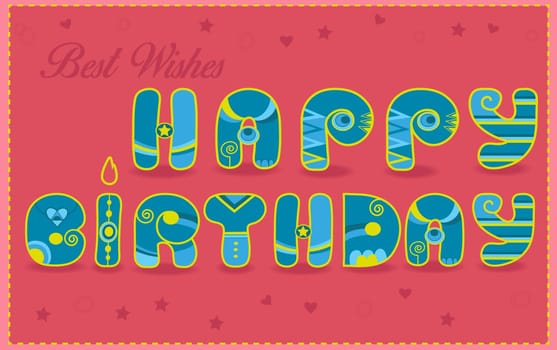 Inscription Happy Birthday. Best wishes. Funny blue and yellow Letters. Pink background. Letter as a candle. Vintage card.  Illustration