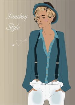 Hipster Girl. Tomboy style. Cute hipster dyke. Blue shirt, white jeans, blue hat, black suspenders. Vintage look.  Illustration.