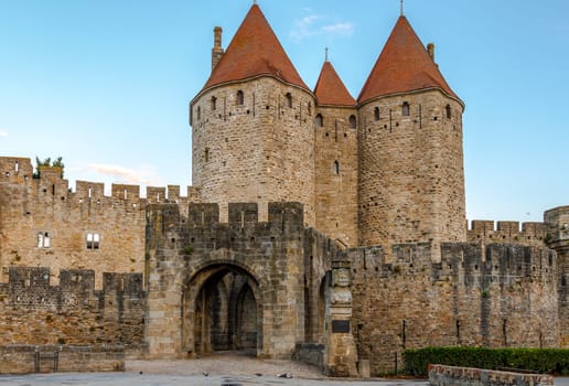 La Dame Carcas, located opposite the entrance towers of the city, Carcassonne France.