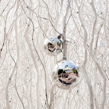 white painted branches give a harmonic background with chrismas tree balls and mirroring